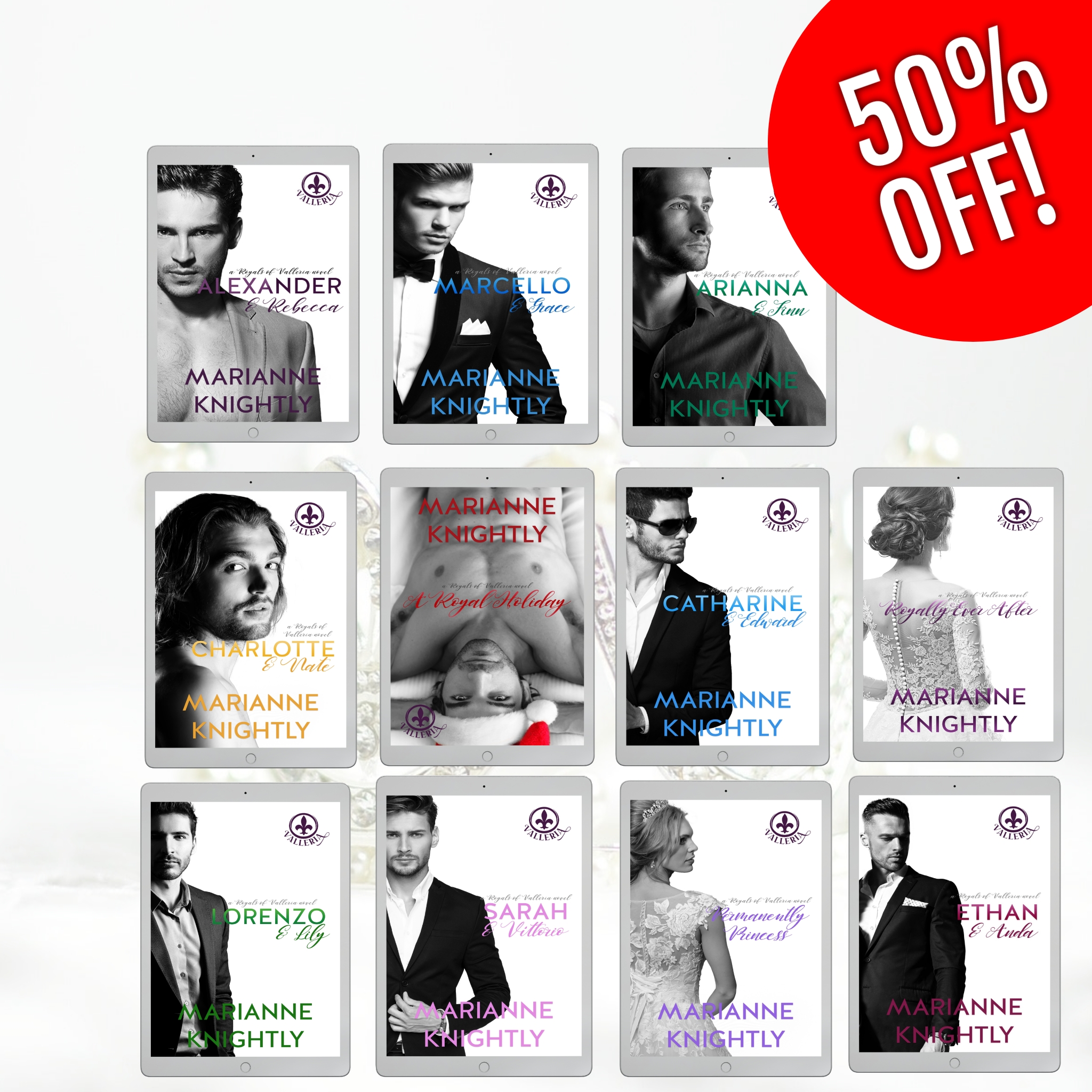 Get 50% off books in Marianne Knightly's Royals of Valleria series!
